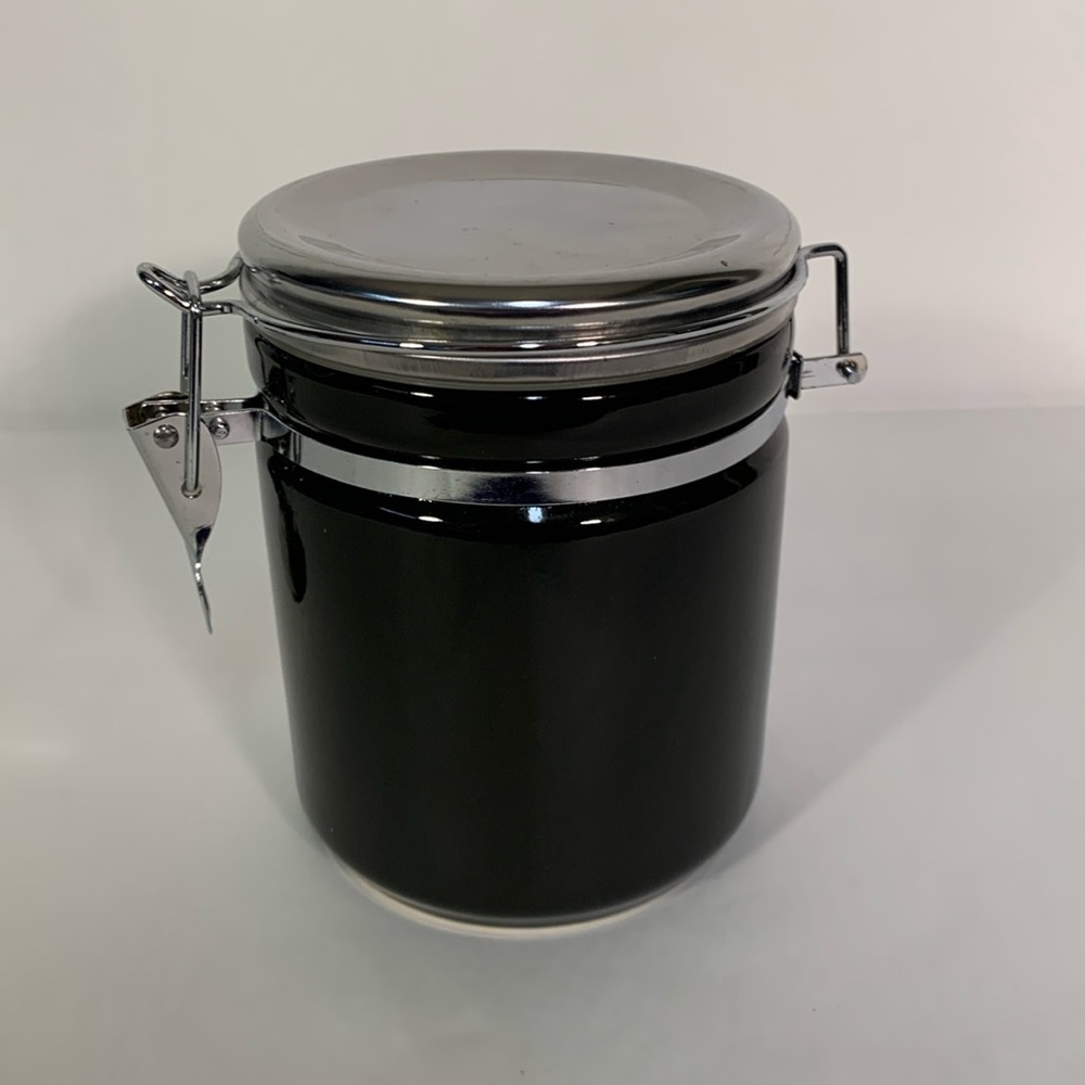 Alco stoneware canister with metal bale wire hinged lid